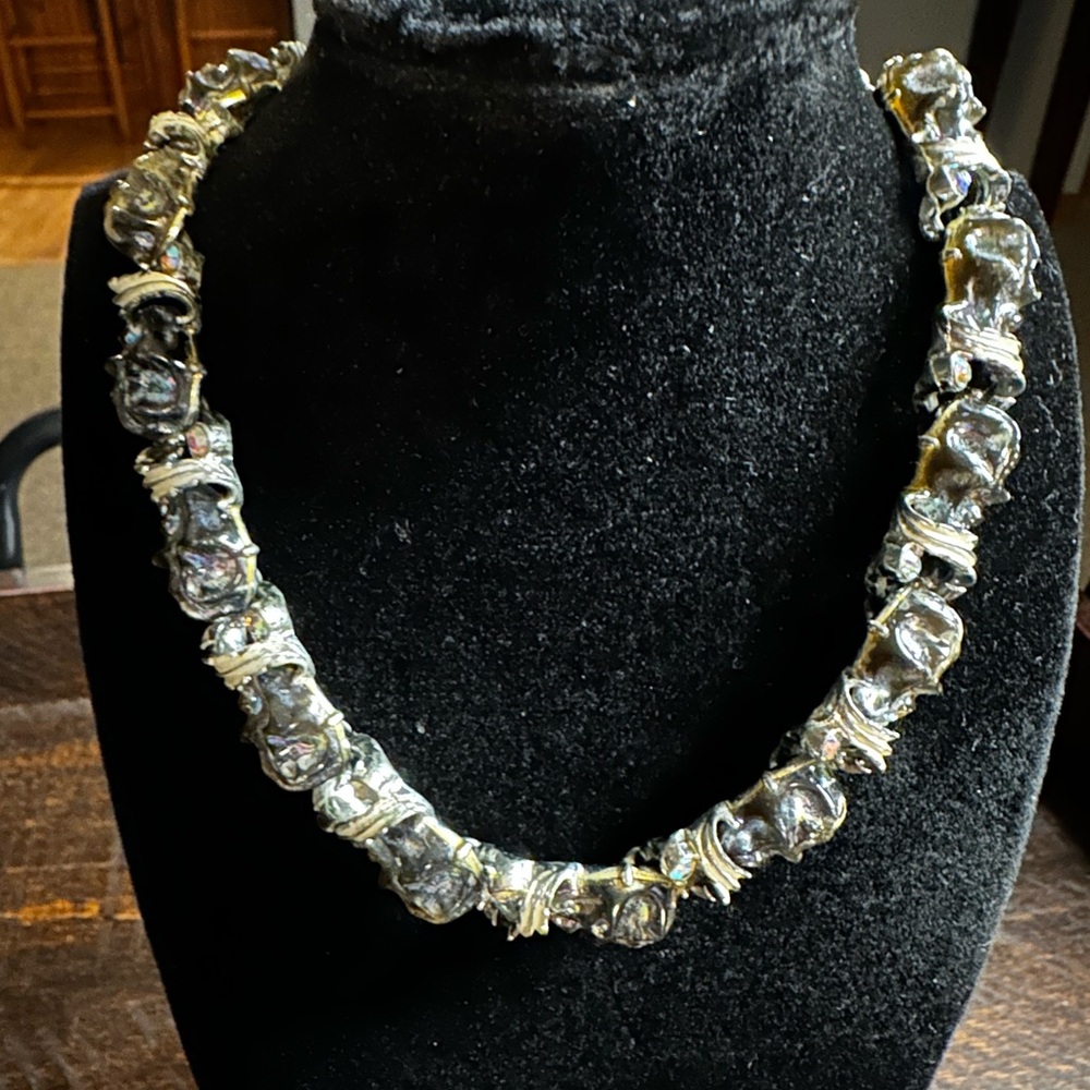 Molded Plastic Black Gray Cabochon & Rhinestone Silver Tone Necklace Vintage